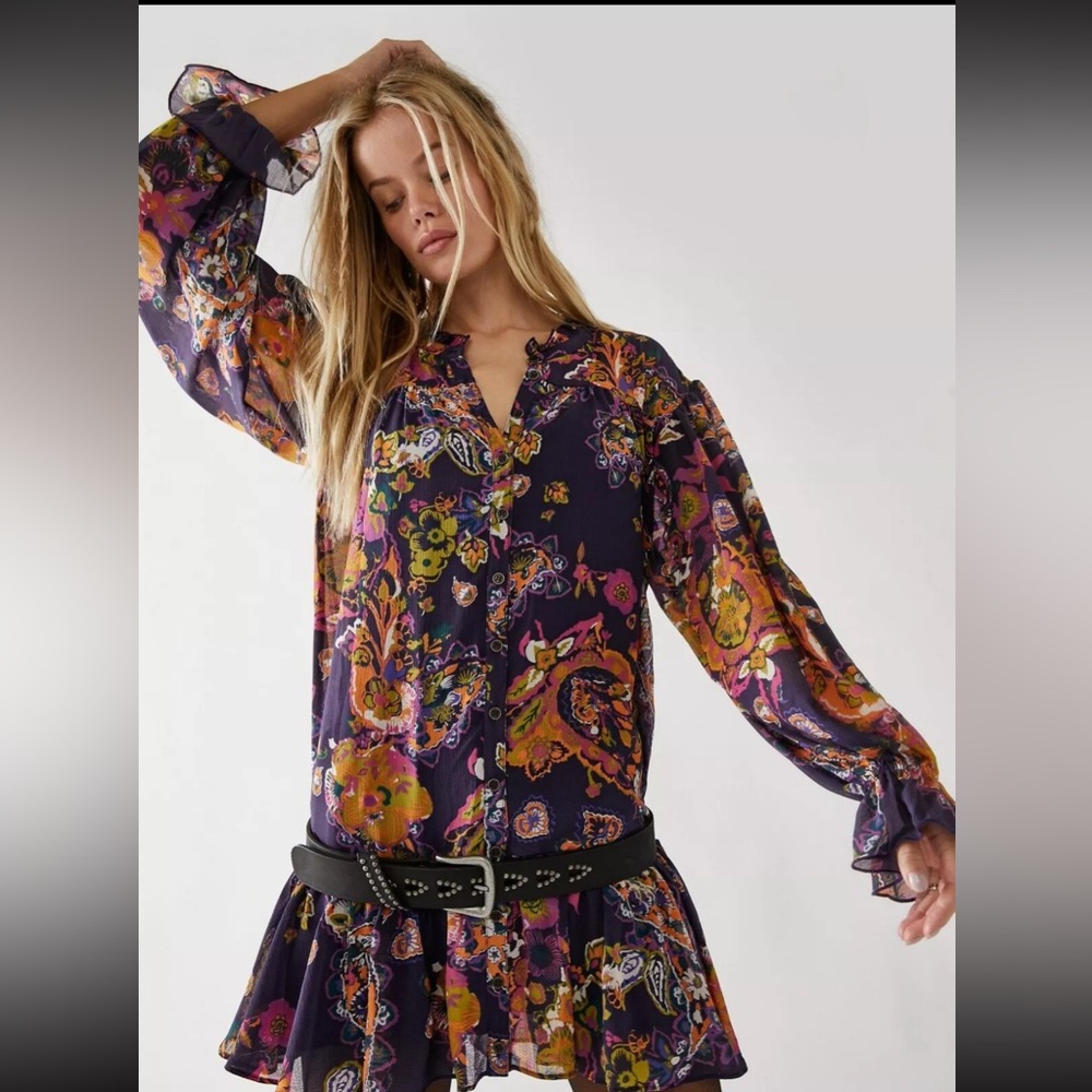 FREE PEOPLE Ibiza Nights Flowy Floral Colorful Mini Dress Small
